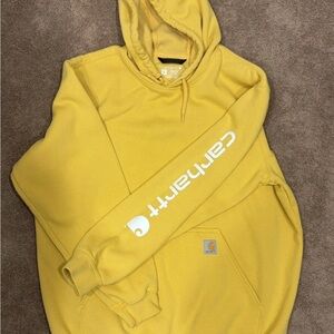 Carhartt Hoodie Mens XL Yellow Loose Fit Logo Sleeve Sweatshirt Pullover K288